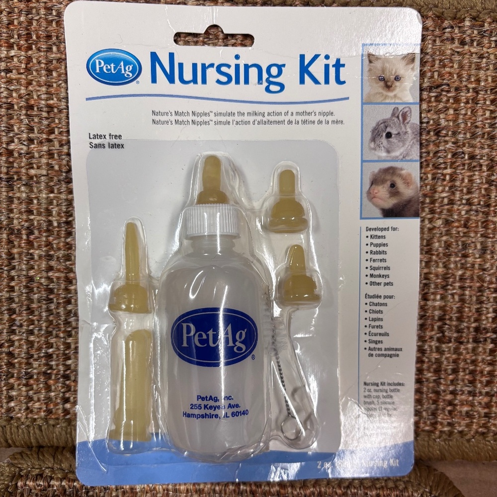 PetAg newborn nursing kit, latex free, 5 nipples, 2 oz bottle, bottle brush